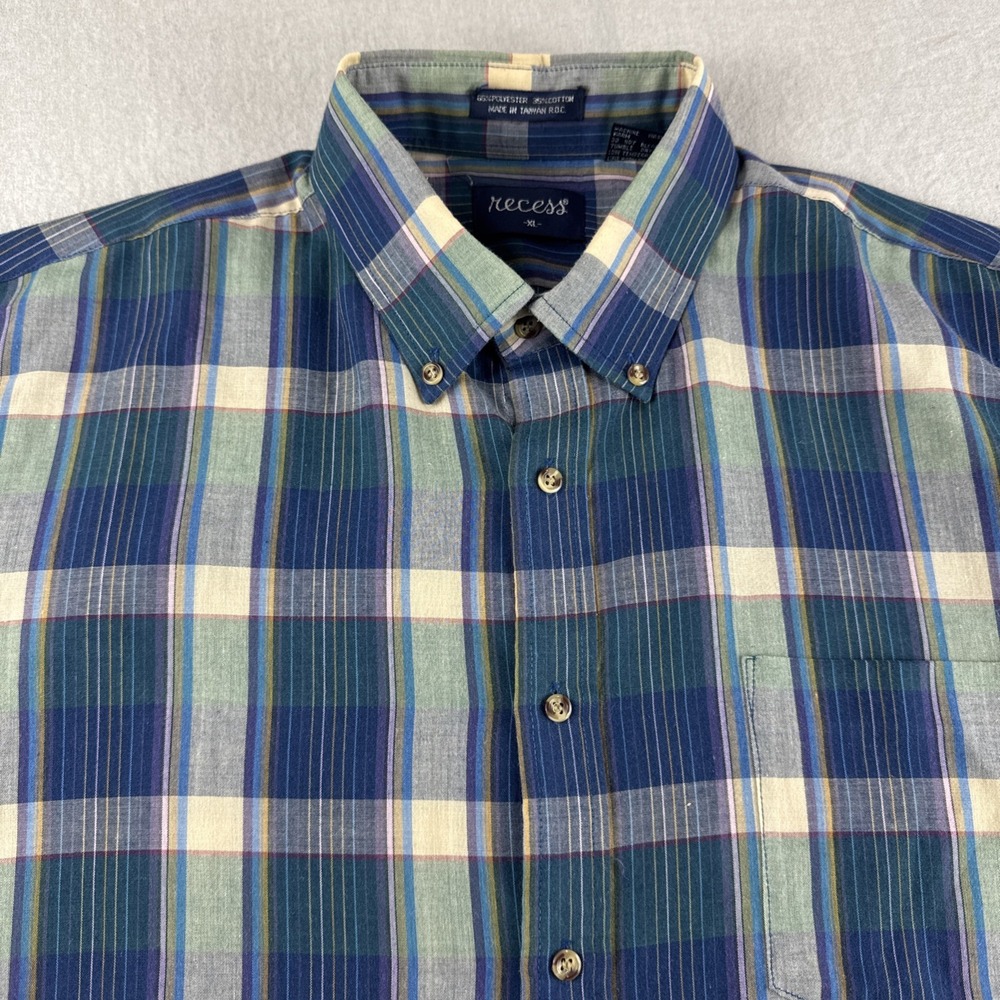 Vintage Recess Shirt Mens XL Plaid Blue Long Sleeve Button Up Casual Retro 90s